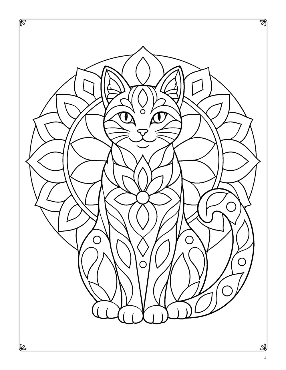 Coloring page: a seated cat made of mandala petals.