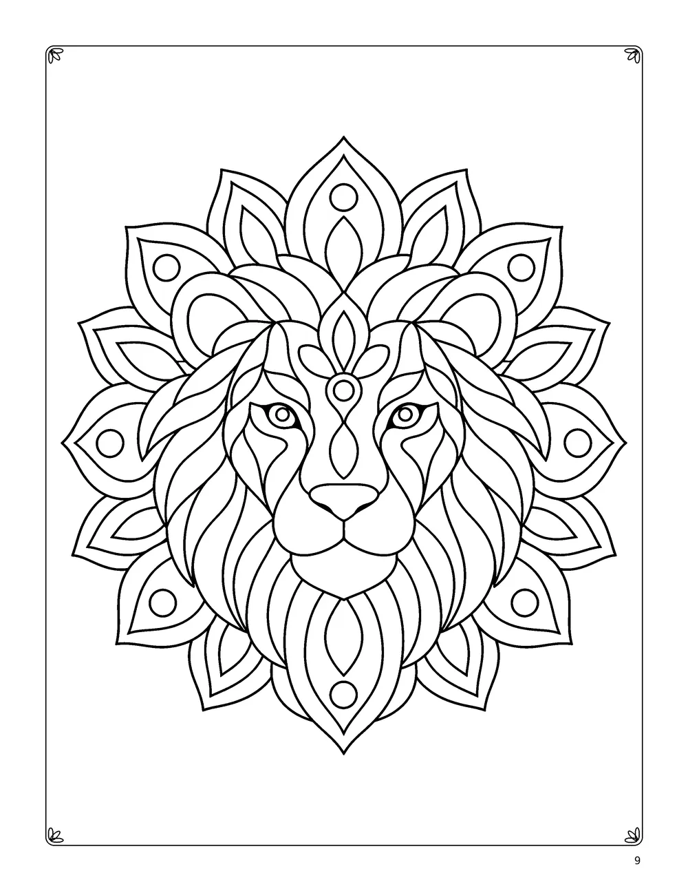 Coloring page: a lion’s face framed by a petal mane.