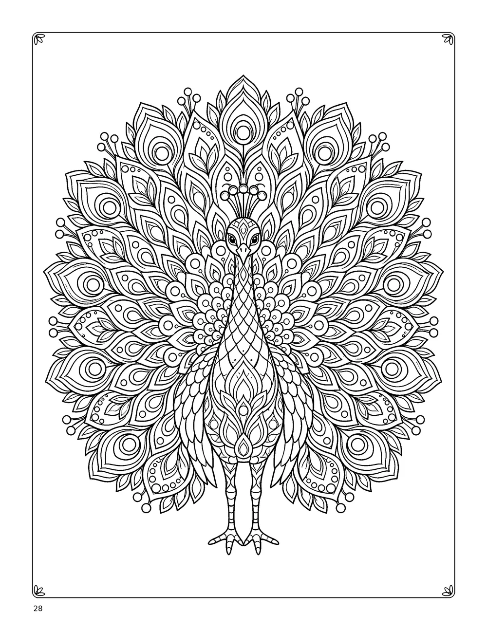 Coloring page: a peacock with its patterned tail fanned out.
