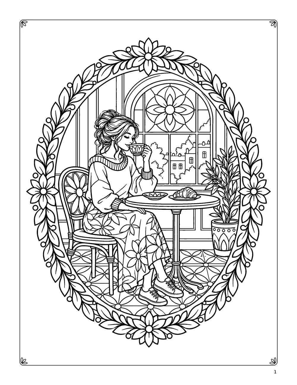 Coloring page: a woman enjoying coffee at a café table, framed by a floral mandala.