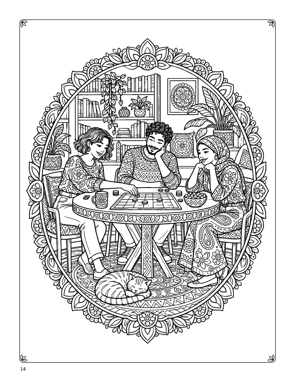 Coloring page: three friends playing a board game around a table.