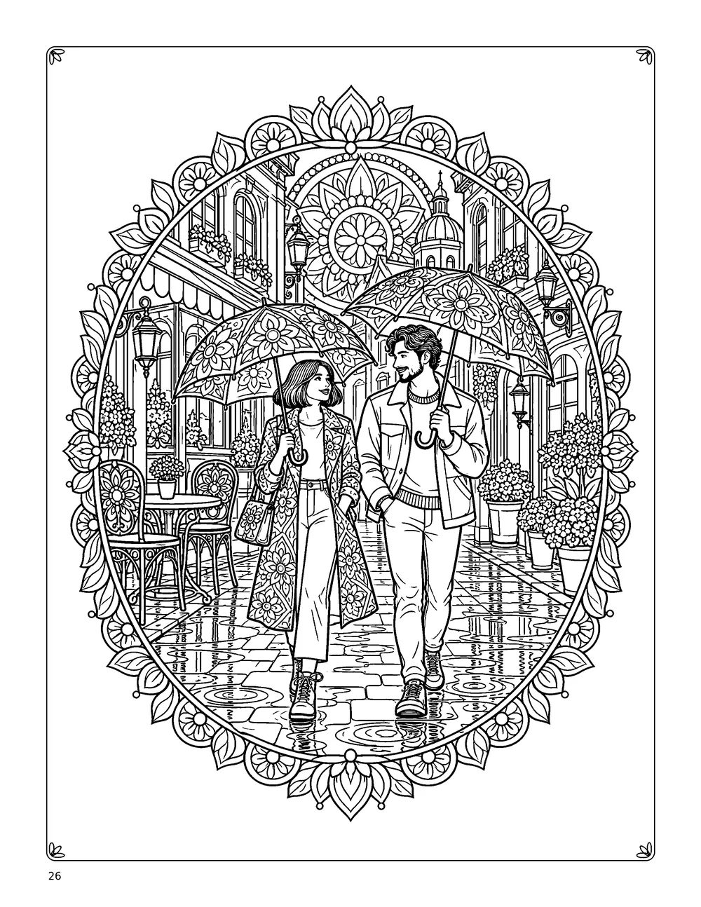 Coloring page: a couple walking under umbrellas on a rainy city street.